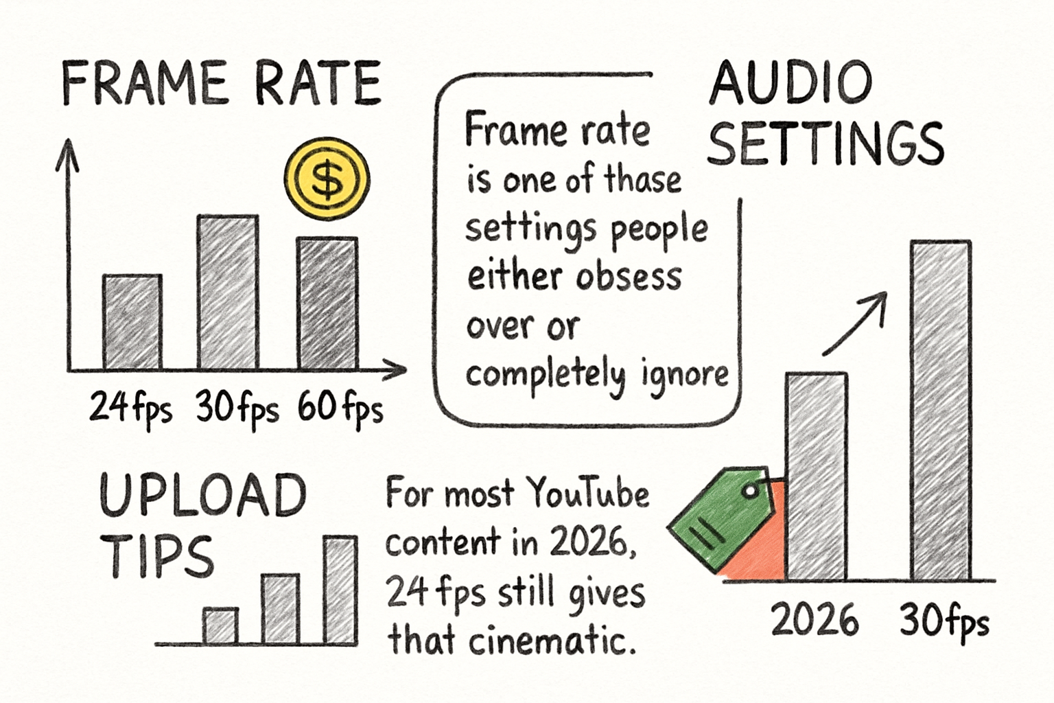 Infographic: Frame rate, audio settings, and upload tips