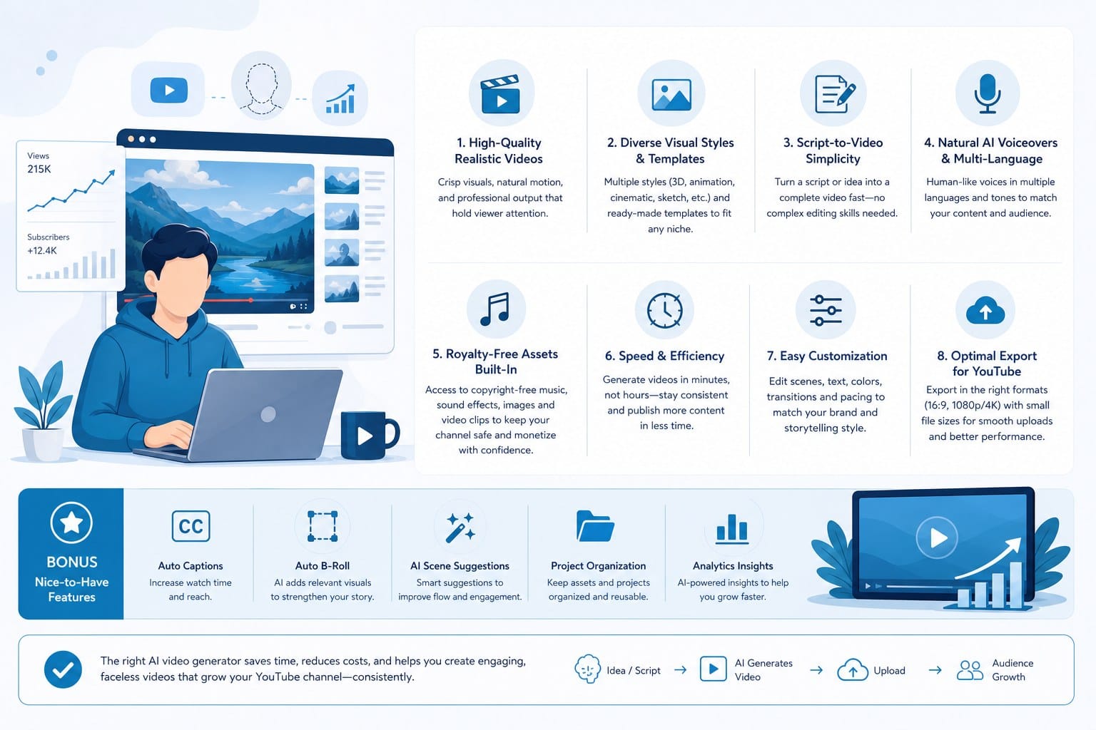 Infographic: What a faceless YouTube channel actually needs from an AI video generator