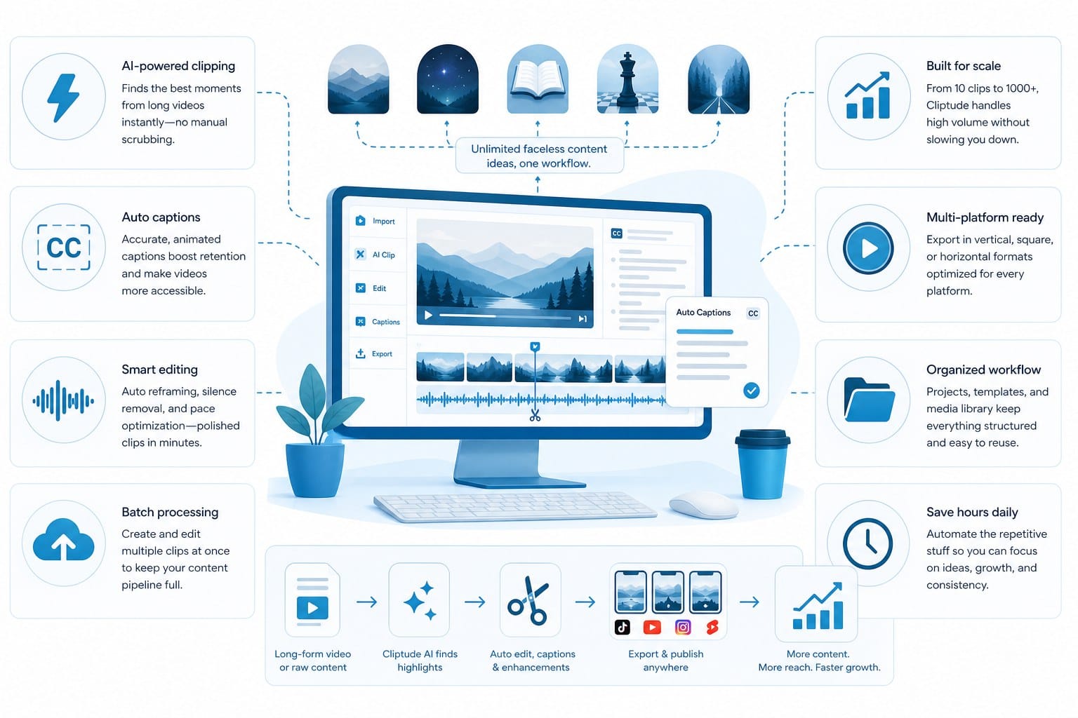Infographic: Why Cliptude works well for scaling a faceless channel