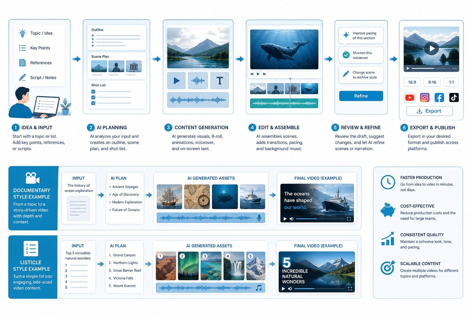 Infographic: How AI video generation works for documentary and listicle content